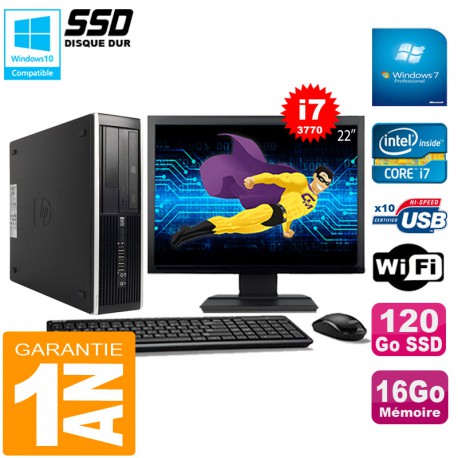 PC HP Compaq Pro 6300 SFF I7-3770 16Go 120Go SSD Graveur DVD Wifi W7 Ecran 22"