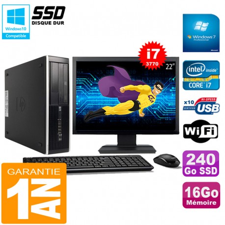 PC HP Compaq Pro 6300 SFF I7-3770 16Go 240Go SSD Graveur DVD Wifi W7 Ecran 22"