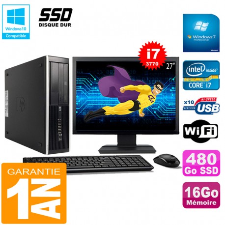 PC HP Compaq Pro 6300 SFF I7-3770 16Go 480Go SSD Graveur DVD Wifi W7 Ecran 27"