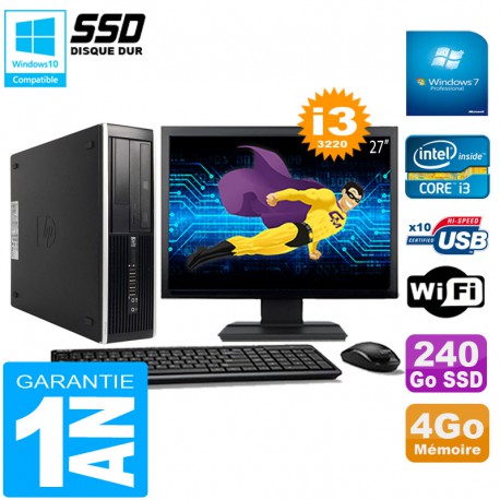 PC HP Compaq Pro 6300 SFF I3-3220 4Go 240Go SSD Graveur DVD Wifi W7 Ecran 27"
