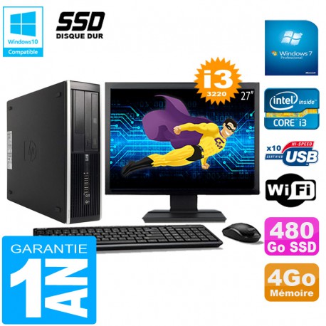 PC HP Compaq Pro 6300 SFF I3-3220 4Go 480Go SSD Graveur DVD Wifi W7 Ecran 27"