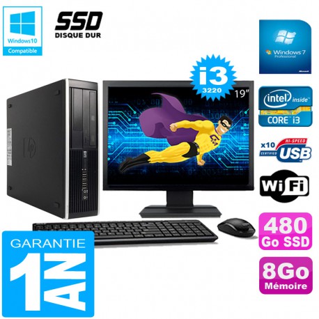 PC HP Compaq Pro 6300 SFF I3-3220 8Go 480Go SSD Graveur DVD Wifi W7 Ecran 19"