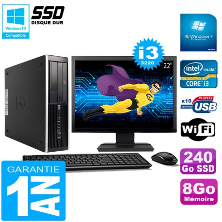 PC HP Compaq Pro 6300 SFF I3-3220 8Go 240Go SSD Graveur DVD Wifi W7 Ecran 22"