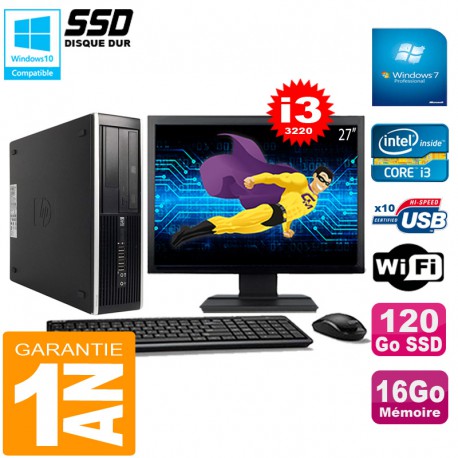 PC HP Compaq Pro 6300 SFF I3-3220 16Go 120Go SSD Graveur DVD Wifi W7 Ecran 27"
