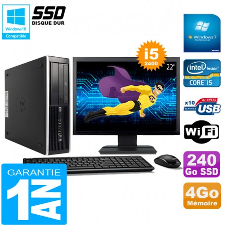 PC HP Compaq Pro 6300 SFF I5-2400 4Go 240Go SSD Graveur DVD Wifi W7 Ecran 22"