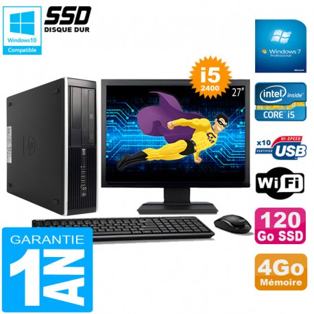 PC HP Compaq Pro 6300 SFF I5-2400 4Go 120Go SSD Graveur DVD Wifi W7 Ecran 27"