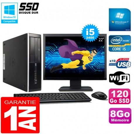 PC HP Compaq Pro 6300 SFF I5-2400 8Go 120Go SSD Graveur DVD Wifi W7 Ecran 22"
