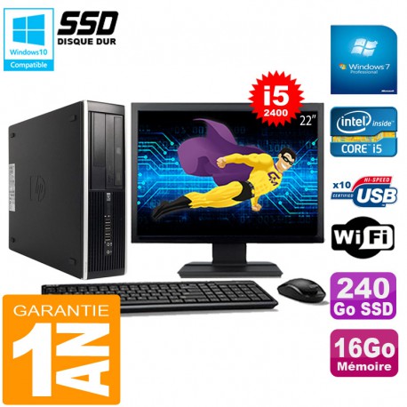 PC HP Compaq Pro 6300 SFF I5-2400 16Go 240Go SSD Graveur DVD Wifi W7 Ecran 22"