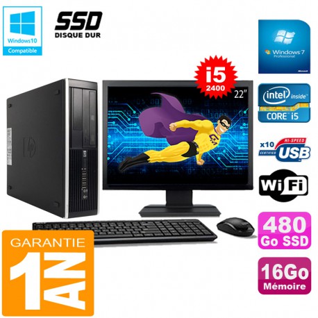 PC HP Compaq Pro 6300 SFF I5-2400 16Go 480Go SSD Graveur DVD Wifi W7 Ecran 22"