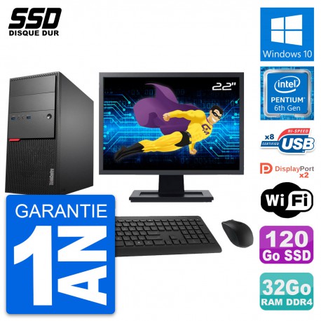 PC Tour Lenovo M800 Ecran 22" Pentium G4400 RAM 32Go SSD 120Go Windows 10 Wifi