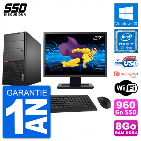 PC Tour Lenovo M800 Ecran 27" Pentium G4400 RAM 8Go SSD 960Go Windows 10 Wifi