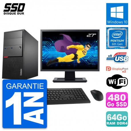 PC Tour Lenovo M800 Ecran 27" Pentium G4400 RAM 64Go SSD 480Go Windows 10 Wifi