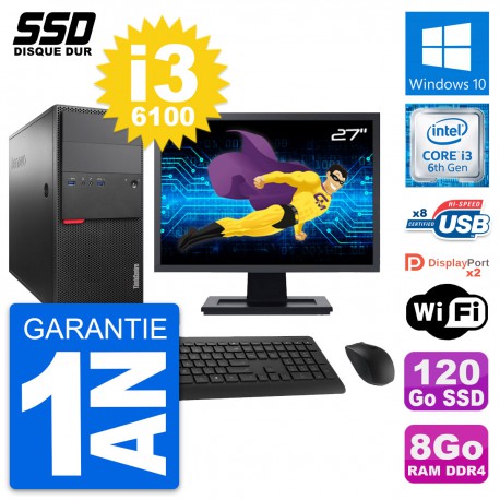 PC Tour Lenovo M800 Ecran 27" Intel i3-6100 RAM 8Go SSD 120Go Windows 10 Wifi