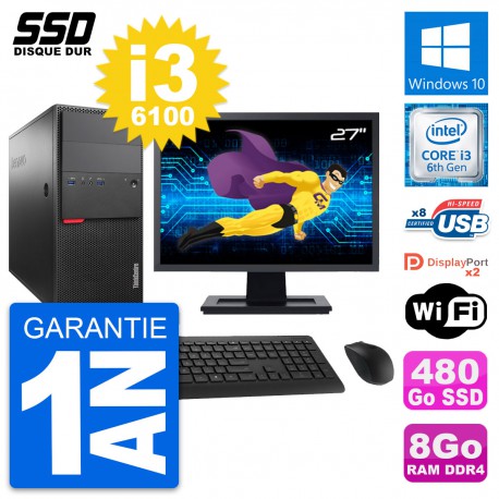 PC Tour Lenovo M800 Ecran 27" Intel i3-6100 RAM 8Go SSD 480Go Windows 10 Wifi