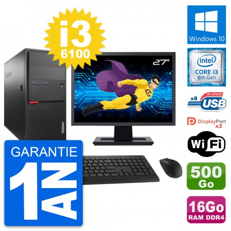 PC Tour Lenovo M800 Ecran 27" Core i3-6100 RAM 16Go Disque 500Go Windows 10 Wifi