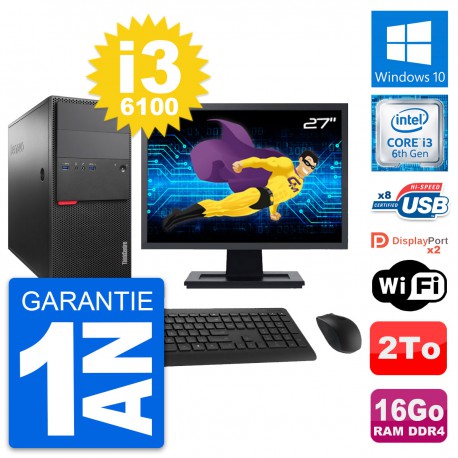PC Tour Lenovo M800 Ecran 27" Intel i3-6100 RAM 16Go Disque 2To Windows 10 Wifi