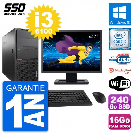 PC Tour Lenovo M800 Ecran 27" Intel i3-6100 RAM 16Go SSD 240Go Windows 10 Wifi