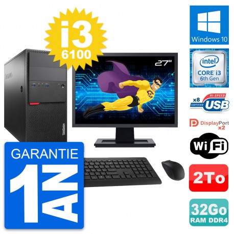 PC Tour Lenovo M800 Ecran 27" Intel i3-6100 RAM 32Go Disque 2To Windows 10 Wifi