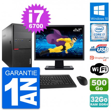 PC Tour Lenovo M800 Ecran 22" Core i7-6700 RAM 32Go Disque 500Go Windows 10 Wifi
