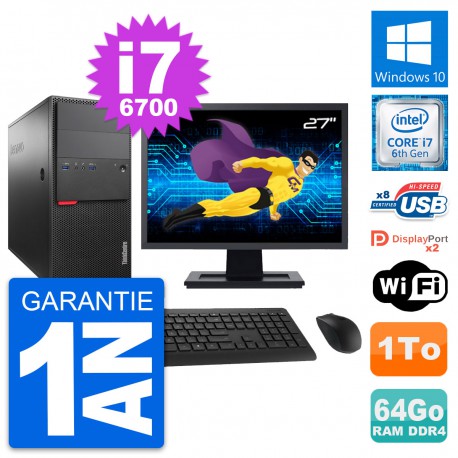 PC Tour Lenovo M800 Ecran 27" Intel i7-6700 RAM 64Go Disque 1To Windows 10 Wifi