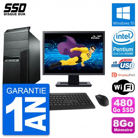 PC Tour Lenovo M92p Ecran 22" Pentium G2020 RAM 8Go SSD 480Go Windows 10 Wifi