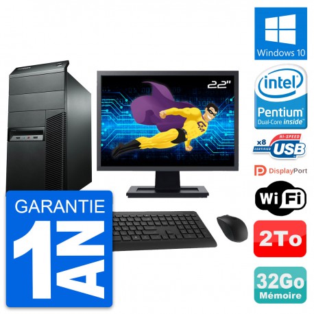 PC Tour Lenovo M92p Ecran 22" Pentium G2020 RAM 32Go Disque 2To Windows 10 Wifi
