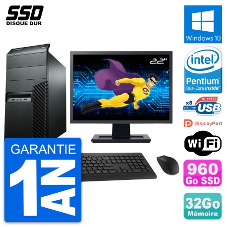 PC Tour Lenovo M92p Ecran 22" Pentium G2020 RAM 32Go SSD 960Go Windows 10 Wifi