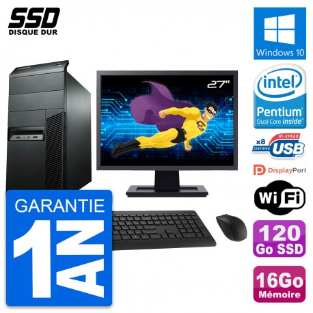 PC Tour Lenovo M92p Ecran 27" Pentium G2020 RAM 16Go SSD 120Go Windows 10 Wifi
