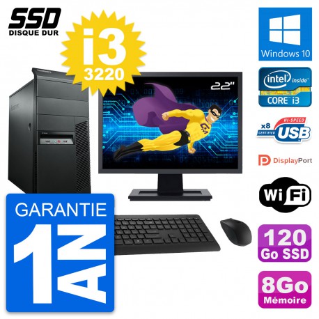 PC Tour Lenovo M92p Ecran 22" Intel i3-3220 RAM 8Go SSD 120Go Windows 10 Wifi