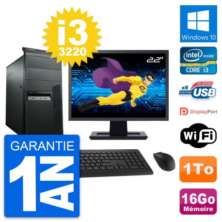 PC Tour Lenovo M92p Ecran 22" Intel i3-3220 RAM 16Go Disque 1To Windows 10 Wifi