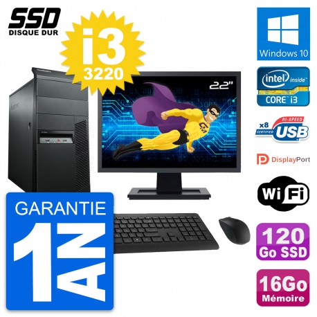 PC Tour Lenovo M92p Ecran 22" Intel i3-3220 RAM 16Go SSD 120Go Windows 10 Wifi