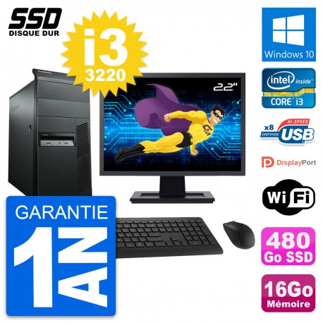 PC Tour Lenovo M92p Ecran 22" Intel i3-3220 RAM 16Go SSD 480Go Windows 10 Wifi