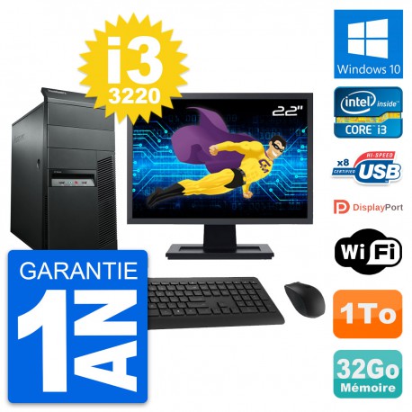 PC Tour Lenovo M92p Ecran 22" Intel i3-3220 RAM 32Go Disque 1To Windows 10 Wifi