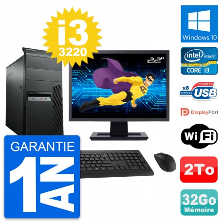 PC Tour Lenovo M92p Ecran 22" Intel i3-3220 RAM 32Go Disque 2To Windows 10 Wifi