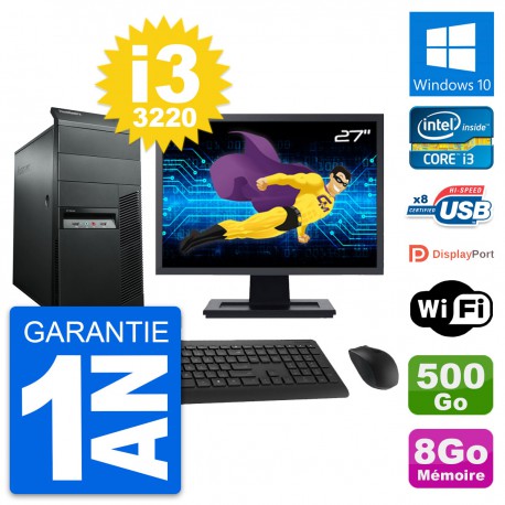 PC Tour Lenovo M92p Ecran 27" Intel i3-3220 RAM 8Go Disque 500Go Windows 10 Wifi