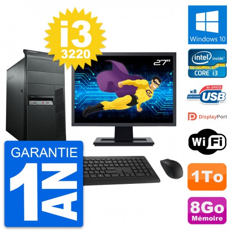 PC Tour Lenovo M92p Ecran 27" Intel i3-3220 RAM 8Go Disque 1To Windows 10 Wifi