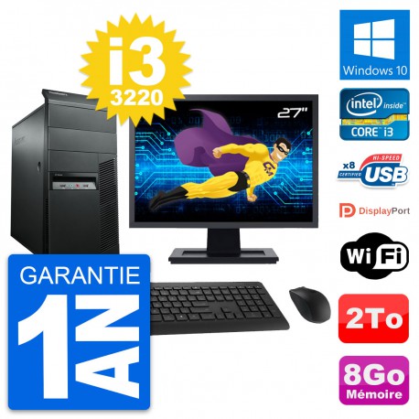PC Tour Lenovo M92p Ecran 27" Intel i3-3220 RAM 8Go Disque 2To Windows 10 Wifi