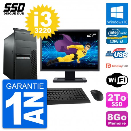 PC Tour Lenovo M92p Ecran 27" Intel i3-3220 RAM 8Go SSD 2To Windows 10 Wifi