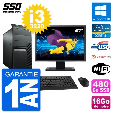 PC Tour Lenovo M92p Ecran 27" Intel i3-3220 RAM 16Go SSD 480Go Windows 10 Wifi