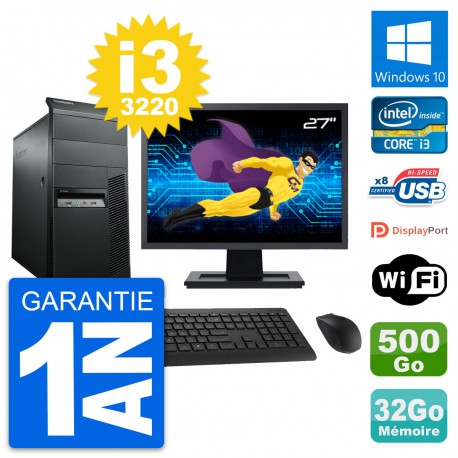 PC Tour Lenovo M92p Ecran 27" Core i3-3220 RAM 32Go Disque 500Go Windows 10 Wifi