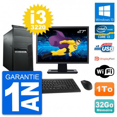 PC Tour Lenovo M92p Ecran 27" Intel i3-3220 RAM 32Go Disque 1To Windows 10 Wifi