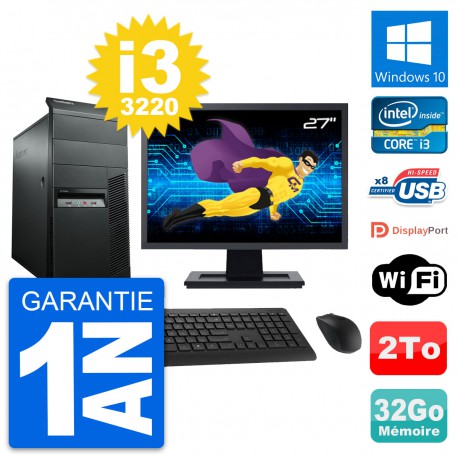 PC Tour Lenovo M92p Ecran 27" Intel i3-3220 RAM 32Go Disque 2To Windows 10 Wifi