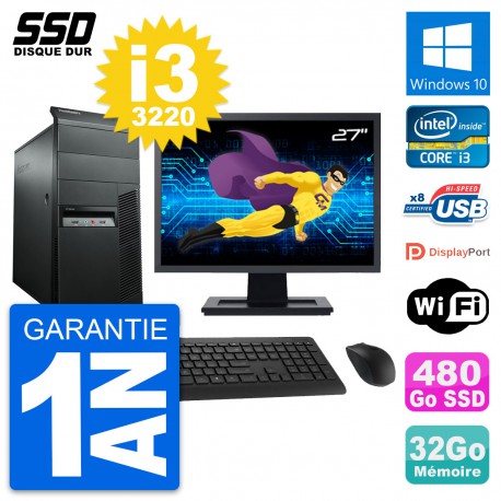 PC Tour Lenovo M92p Ecran 27" Intel i3-3220 RAM 32Go SSD 480Go Windows 10 Wifi