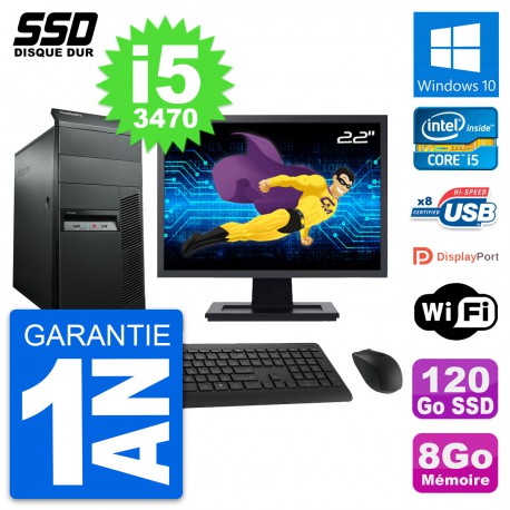 PC Tour Lenovo M92p Ecran 22" Intel i5-3470 RAM 8Go SSD 120Go Windows 10 Wifi