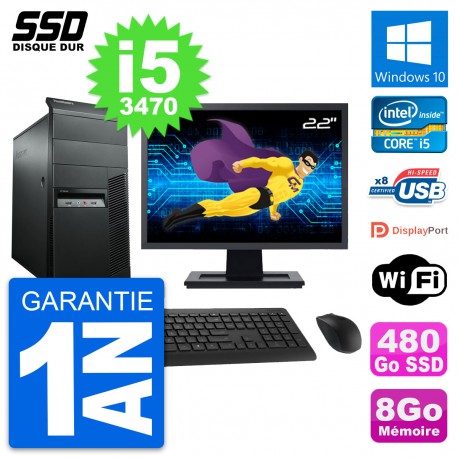 PC Tour Lenovo M92p Ecran 22" Intel i5-3470 RAM 8Go SSD 480Go Windows 10 Wifi