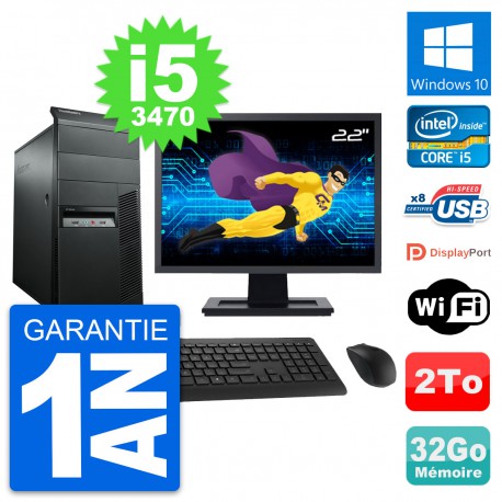PC Tour Lenovo M92p Ecran 22" Intel i5-3470 RAM 32Go Disque 2To Windows 10 Wifi