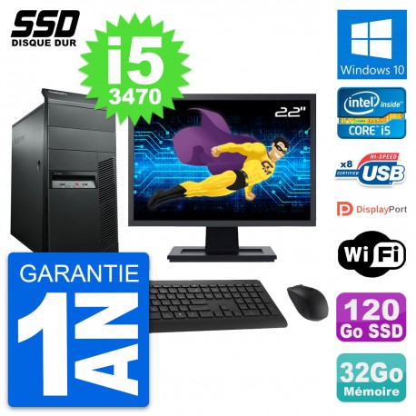 PC Tour Lenovo M92p Ecran 22" Intel i5-3470 RAM 32Go SSD 120Go Windows 10 Wifi