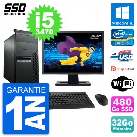 PC Tour Lenovo M92p Ecran 22" Intel i5-3470 RAM 32Go SSD 480Go Windows 10 Wifi