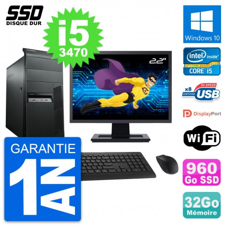 PC Tour Lenovo M92p Ecran 22" Intel i5-3470 RAM 32Go SSD 960Go Windows 10 Wifi