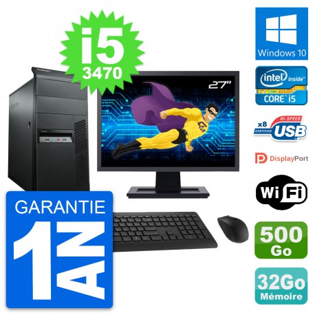 PC Tour Lenovo M92p Ecran 27" Core i5-3470 RAM 32Go Disque 500Go Windows 10 Wifi